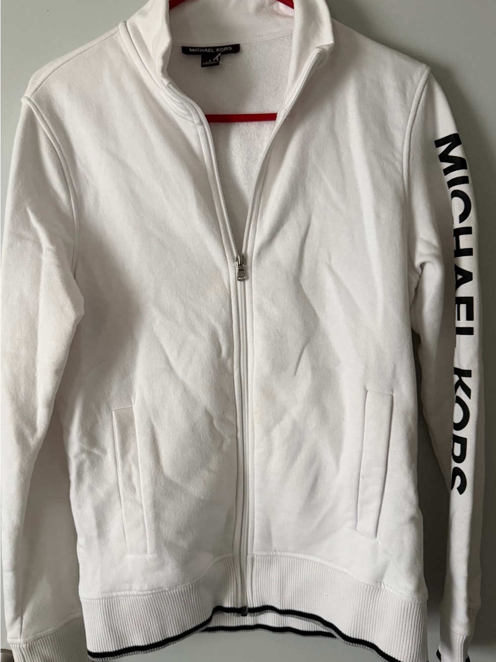 Michael Kors White Zip-Front Jacket with Black Sleeve Logo
